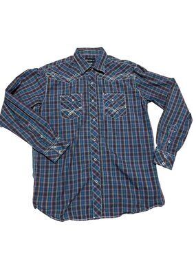 Pelham Western Plaid Long-Sleeve Shirt  Size XLT Blue & Pink Pearl Snap Closure